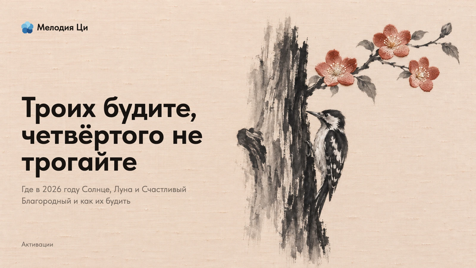 Дятел, написанный тушью, стучит по старому стволу, над ним ветка айвы с тремя цветками, вышитыми шёлком, и закрытым бутоном
