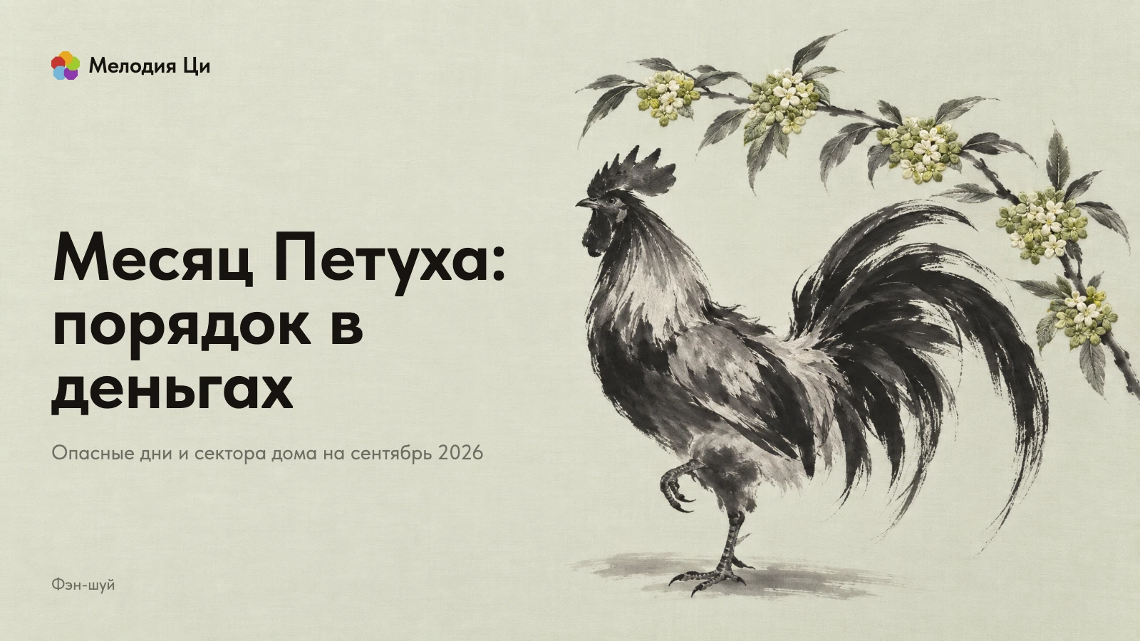 Петух, написанный тушью, стоит настороже на одной ноге, над ним ветка османтуса, вышитая шёлком