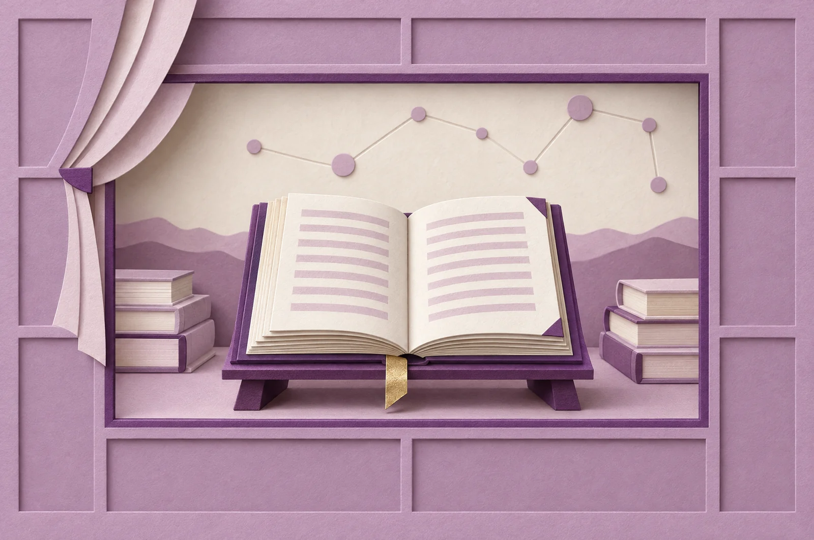 Раскрытая бумажная книга на пюпитре с золотой закладкой среди стопок книг, в раме карты Цзы Вэй